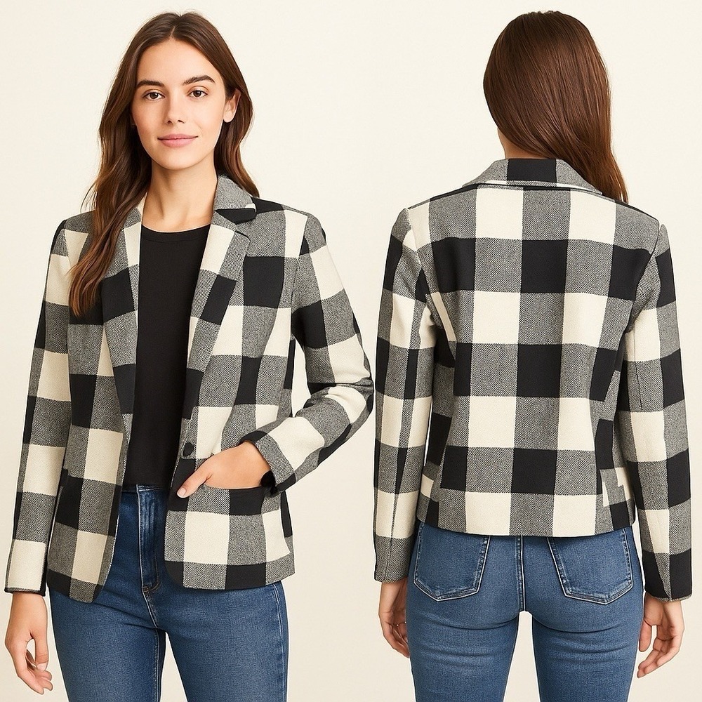 Jack Women's Plaid Blazer Jacket Black White Buffalo Check Open Front Pockets M‎